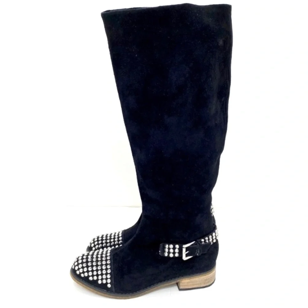 KELSI Dagger Studded Cup toe Rover Suede Knee High Riding Moto Boot in Black